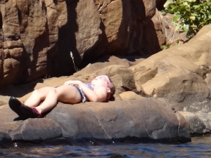 Sunbaking - much warmer than the freezing cold water!!